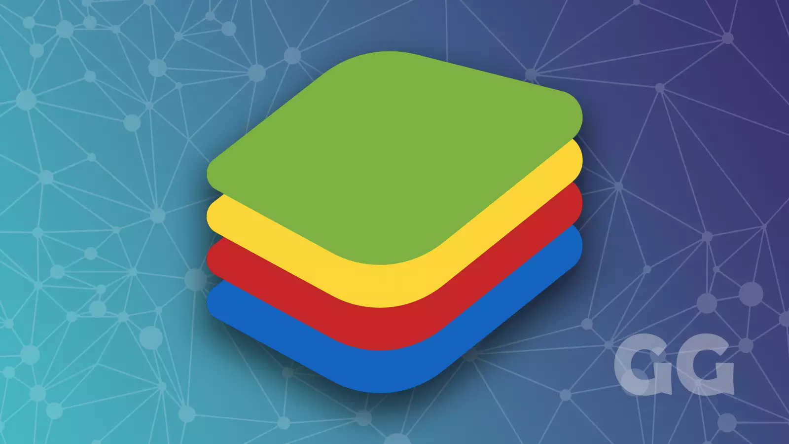 bluestacks logo on a blurred blue and teal background