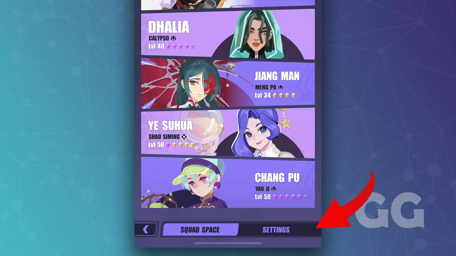 mobile game settings menu showing characters