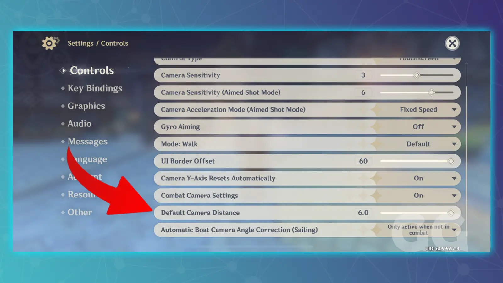 controls menu in genshin impact showing arrow pointing to default camera distance