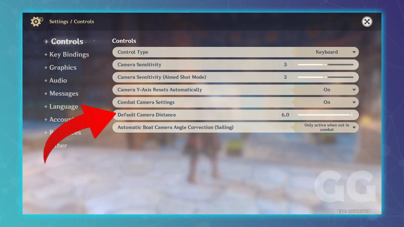 genshin impact settings menu showing the default camera distance feature