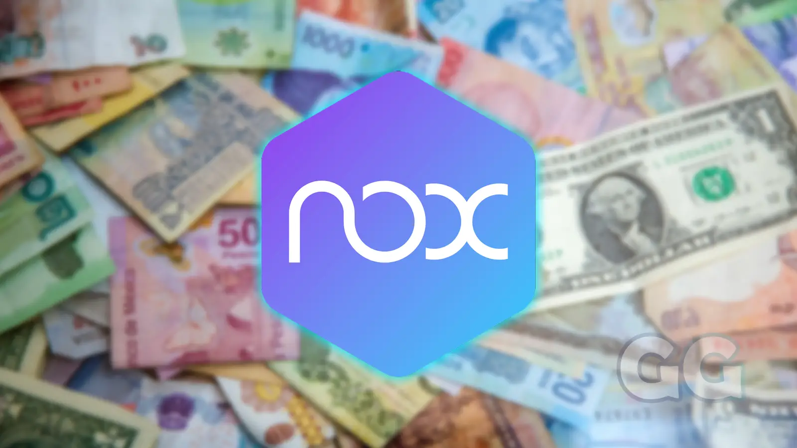 nox player logo with different types of money in the background