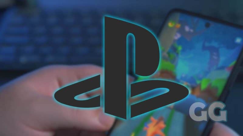 black playstation logo with blurred background depicting a smartphone