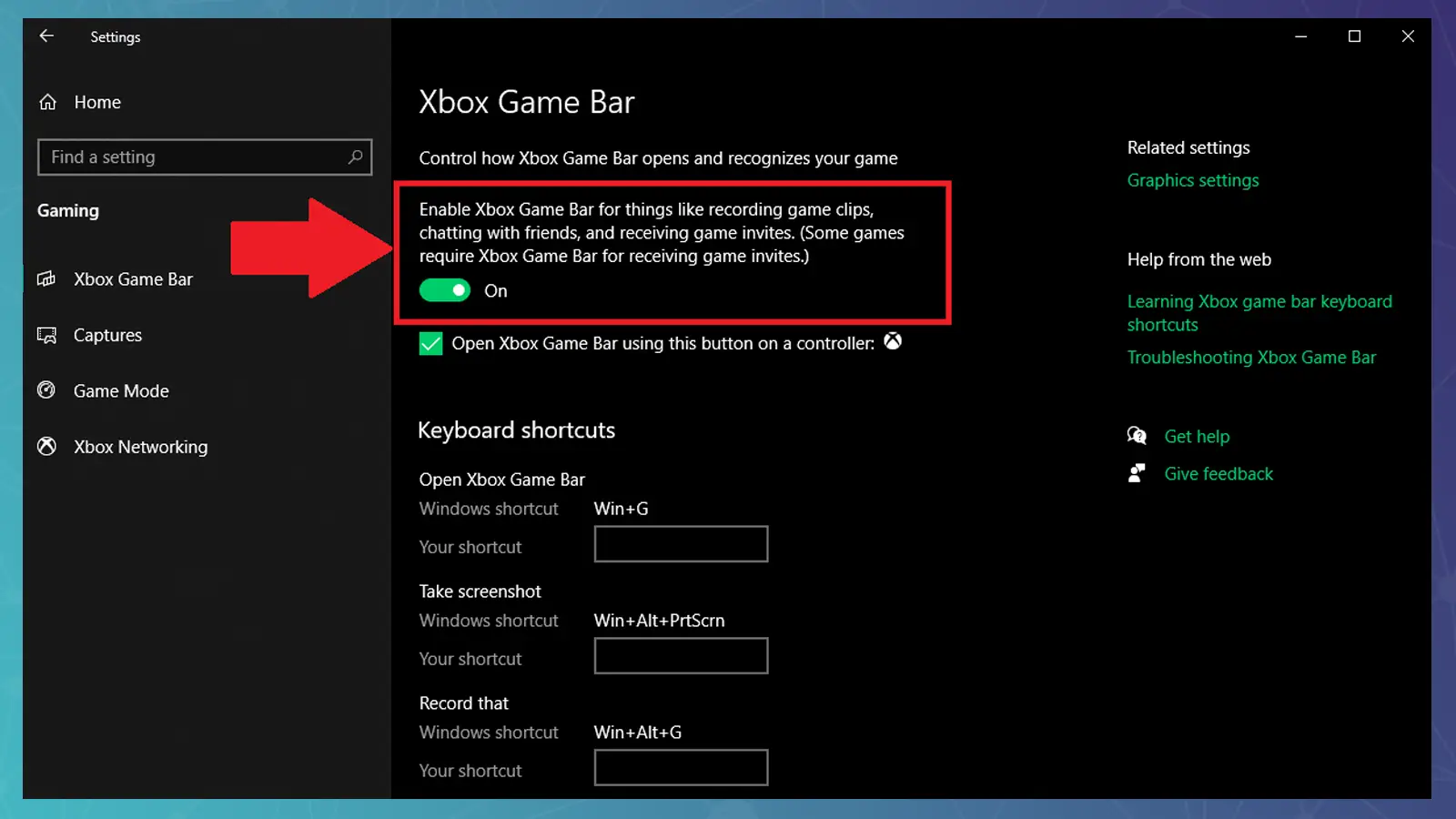 xbox game bar settings screen with arrow pointing to the toggle button