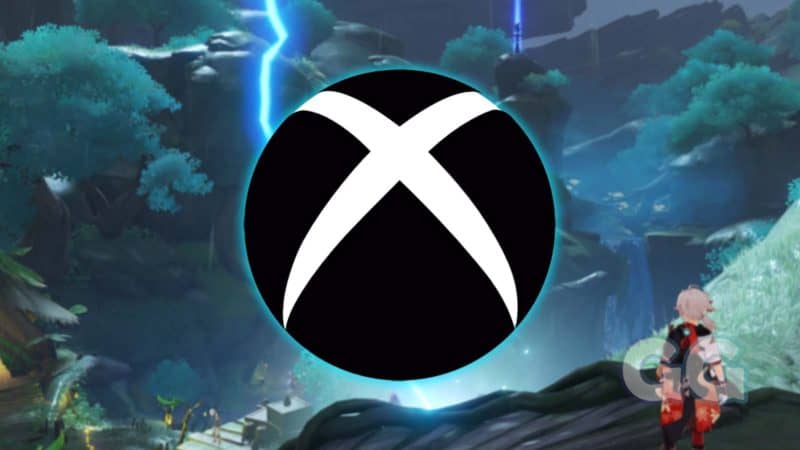 xbox logo in black and white over top genshin impact screenshot