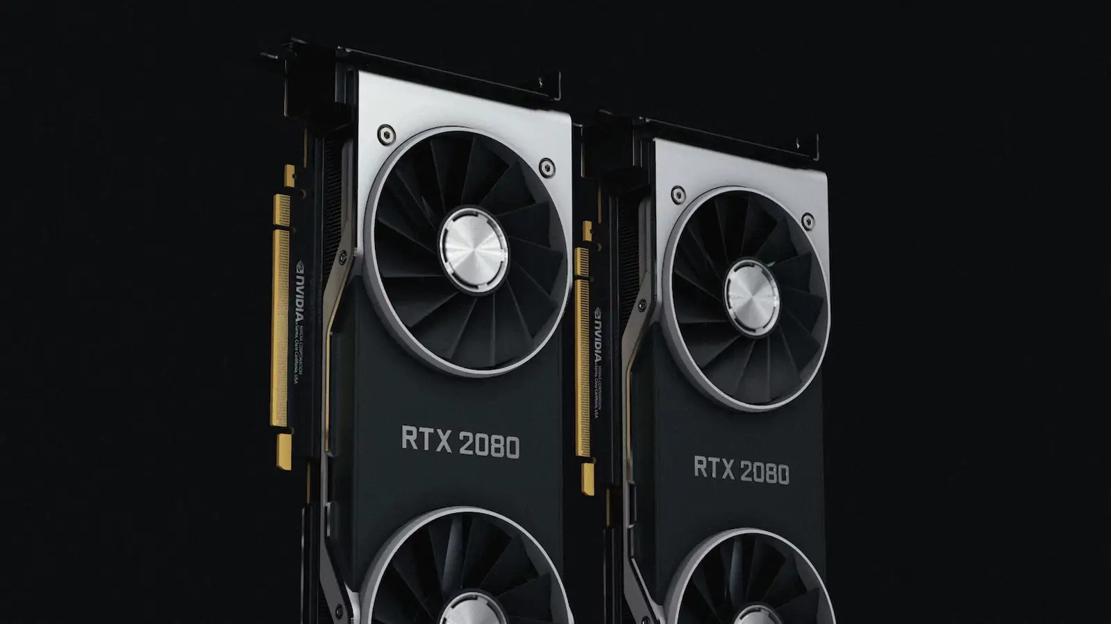 two nvidia rtx 2080 graphics cards on black background