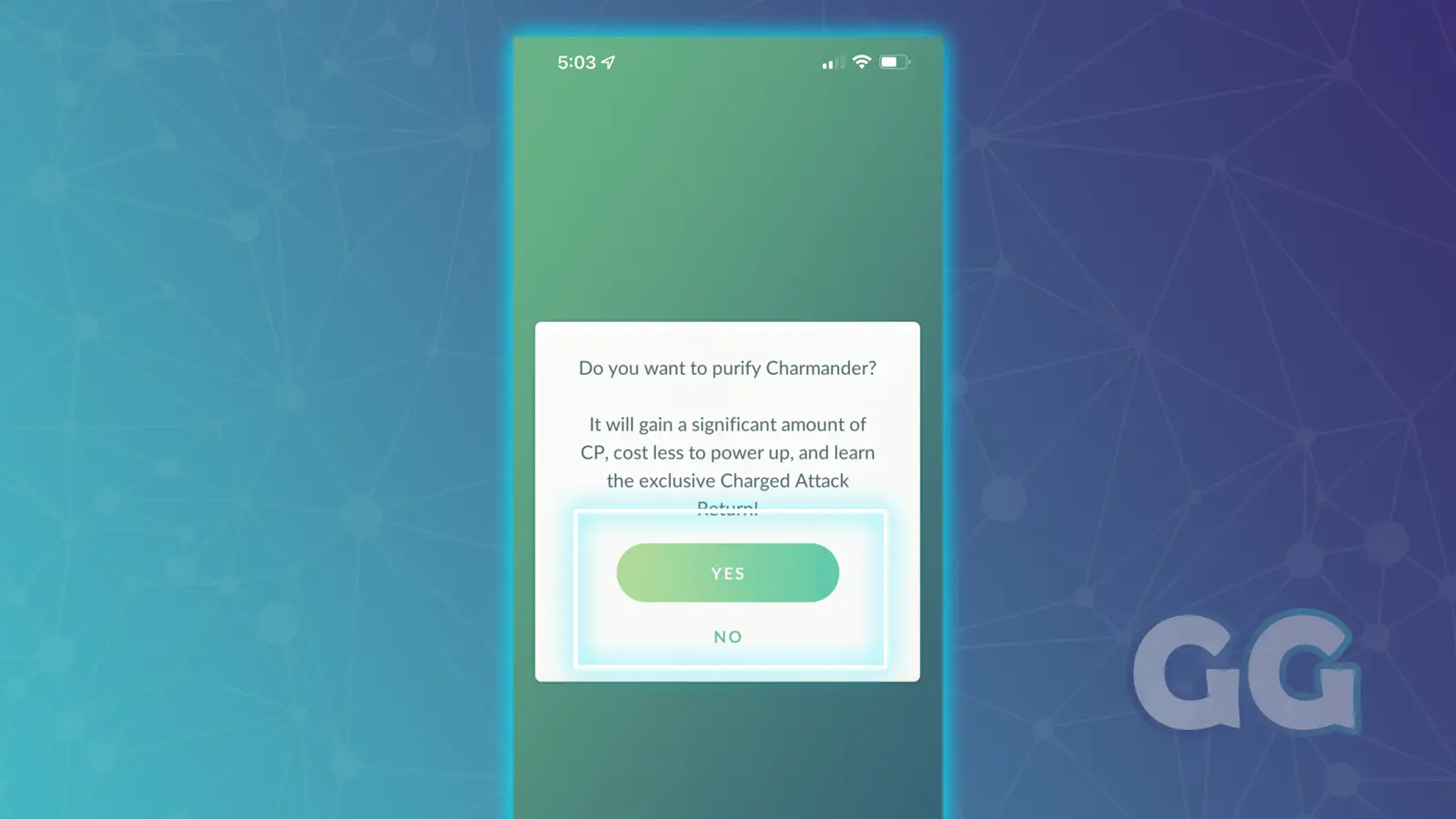 purify pokemon screen with confirmation prompt
