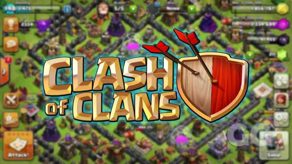 clash of clans logo with blurred base in the background