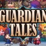 guardian tales logo with heroes in the background