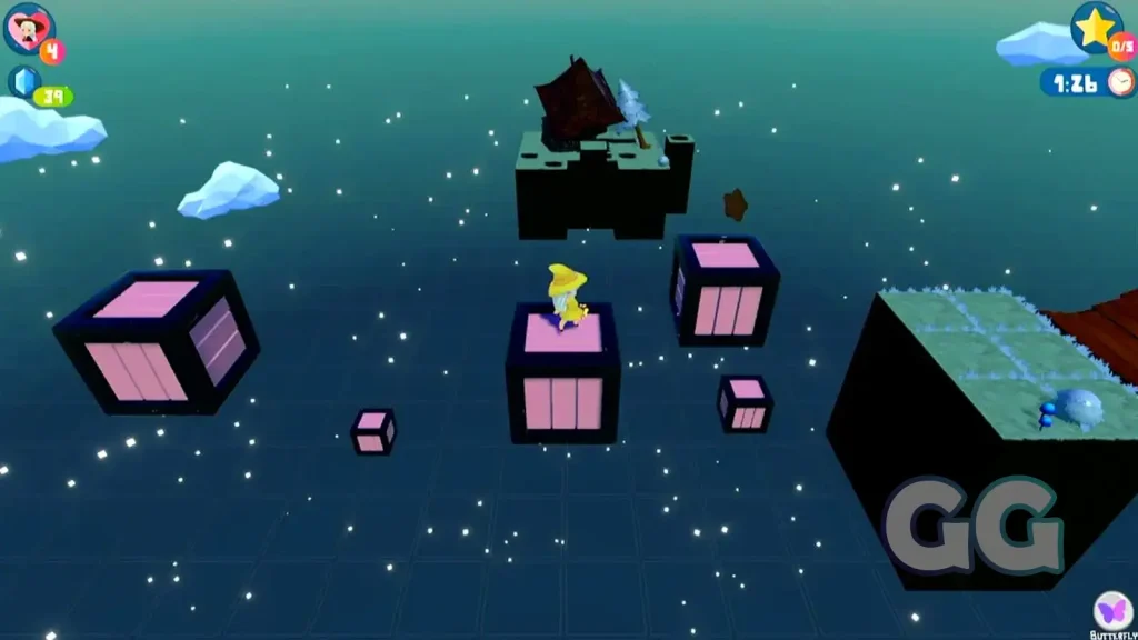 platforming gameplay on pink boxes